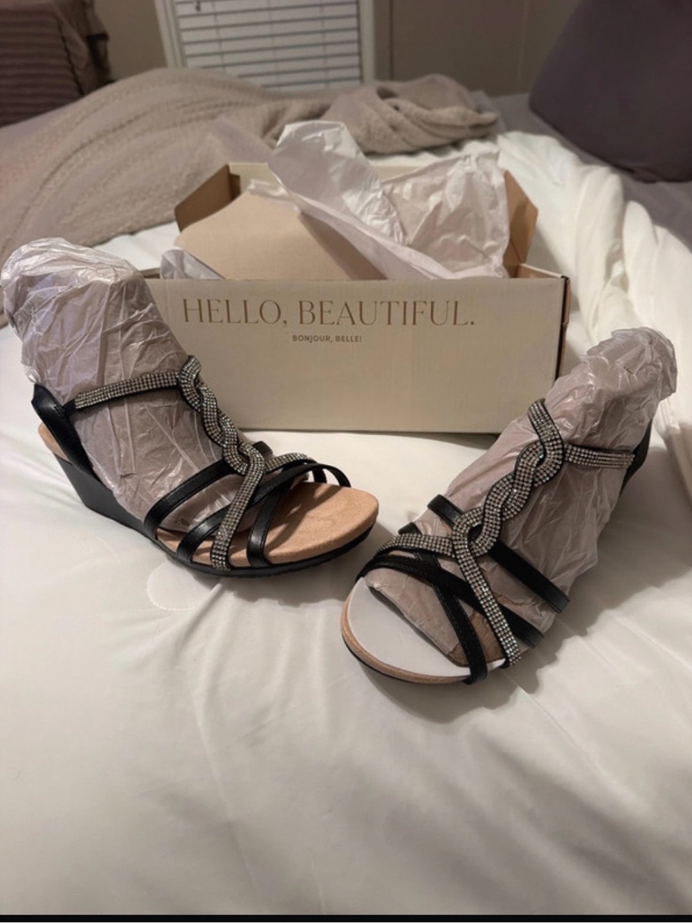 Women's Black Embellished Wedge Sandals